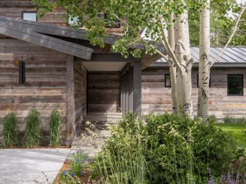 Modern house with wooden exterior and large windows, nestled among green trees and a vibrant garden. A concrete path leads to the entrance, epitomizing Wyoming Home Design with its seamless blend of nature and architecture.